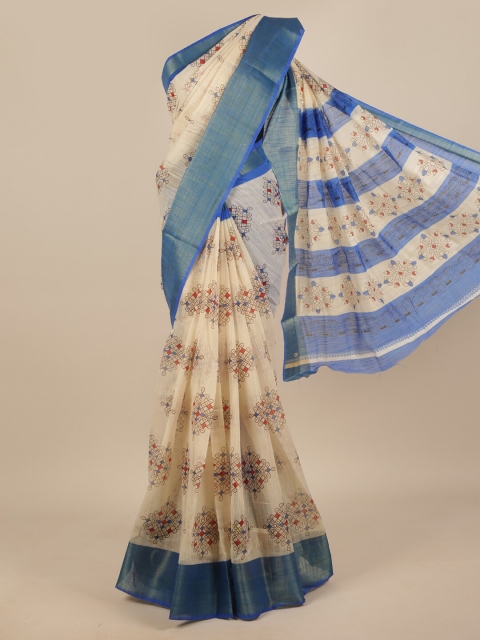 

Pothys Cream-Coloured & Blue Ethnic Motifs Zari Saree