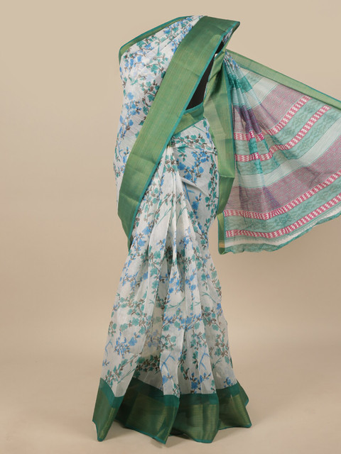 

Pothys White & Green Floral Zari Saree