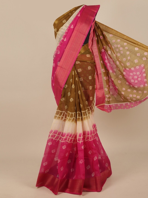 

Pothys Pink & Olive Green Bandhani Zari Saree