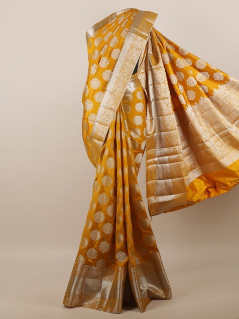

Pothys Mustard & Silver-Toned Ethnic Motifs Zari Jute Silk Saree