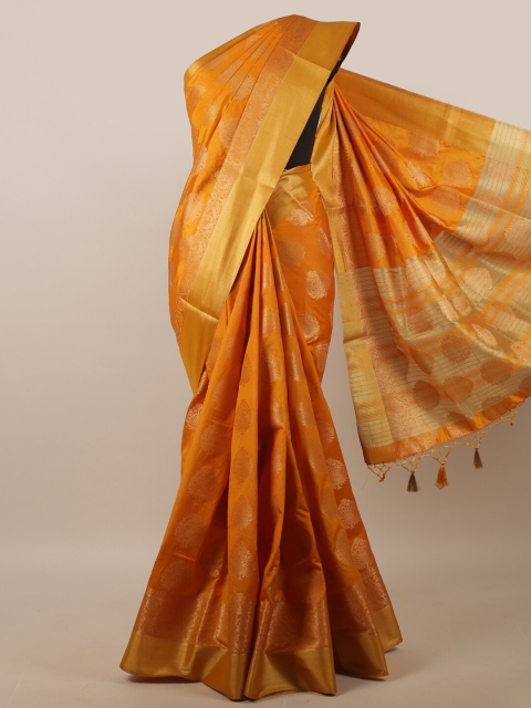 

Pothys Mustard & Gold-Toned Ethnic Motifs Zari Jute Silk Saree
