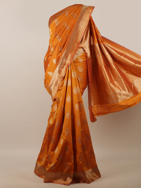 

Pothys Orange & Gold-Toned Floral Zari Jute Silk Saree