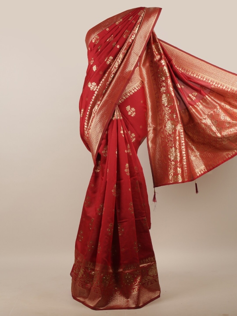 

Pothys Maroon & Gold-Toned Woven Design Zari Jute Silk Saree