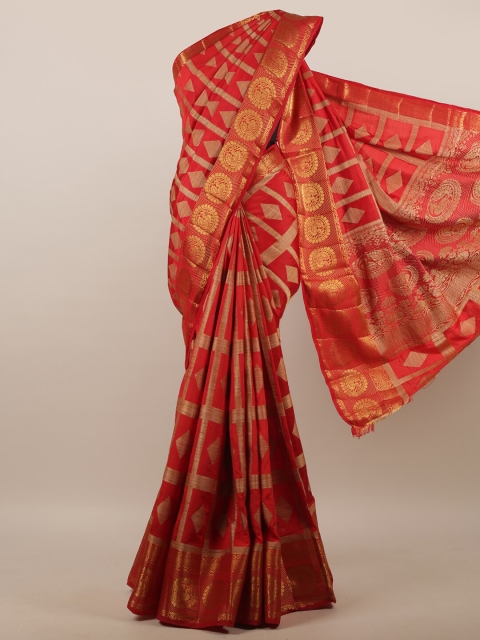 

Pothys Red & Gold-Toned Ethnic Motifs Zari Jute Silk Saree