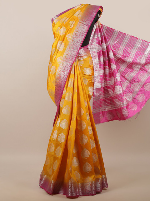 

Pothys Yellow & Pink Ethnic Motifs Zari Jute Silk Saree