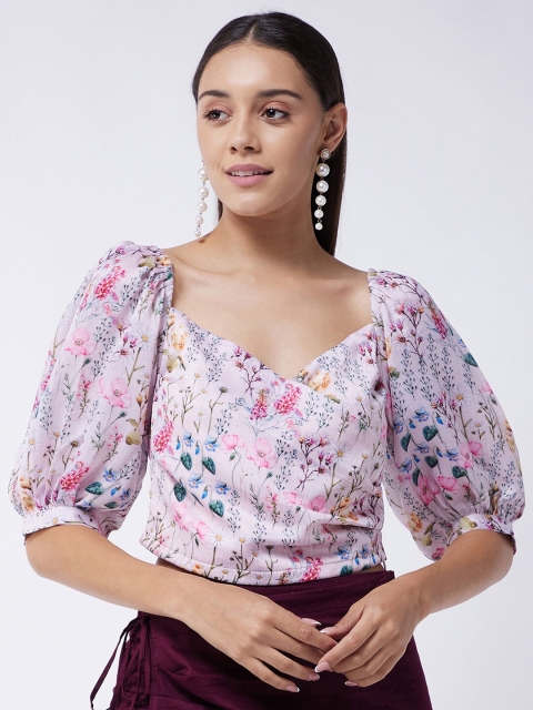 

MAGRE Multicoloured Floral Sweetheart Neck Satin Regular Crop Top, Multi