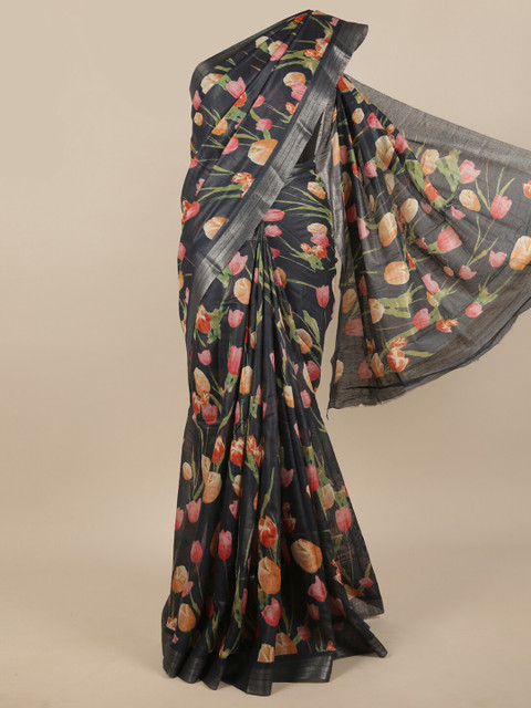 

Pothys Navy Blue & Pink Floral Zari Jute Silk Saree