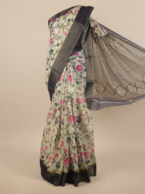 

Pothys Cream-Coloured & Pink Floral Zari Saree