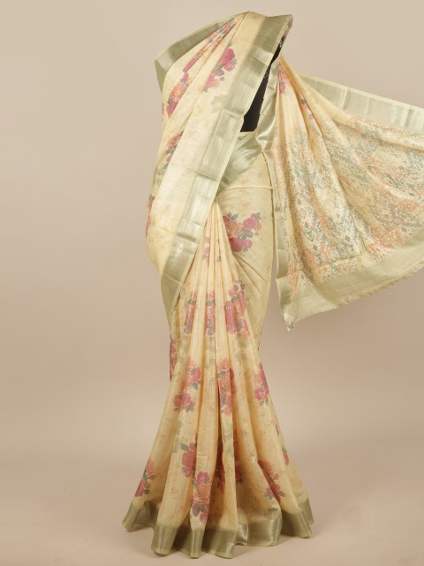 

Pothys Yellow & Silver-Toned Floral Zari Jute Silk Saree