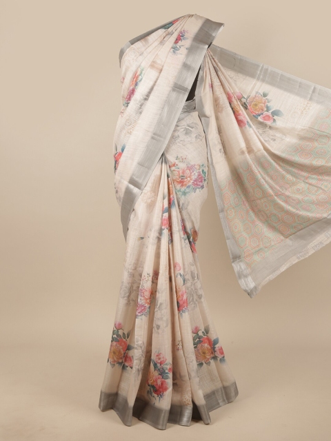 

Pothys Cream-Coloured & Orange Floral Zari Jute Silk Saree