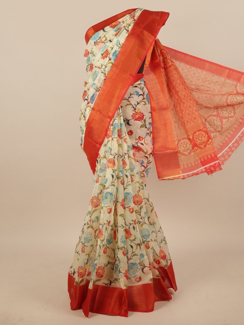 

Pothys Cream-Coloured & Orange Floral Zari Saree