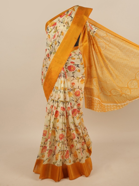 

Pothys Cream-Coloured & Yellow Floral Printed Cotton Blend Saree