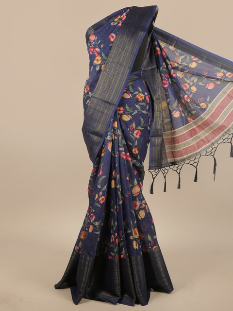

Pothys Navy Blue & Green Floral Zari Jute Silk Saree