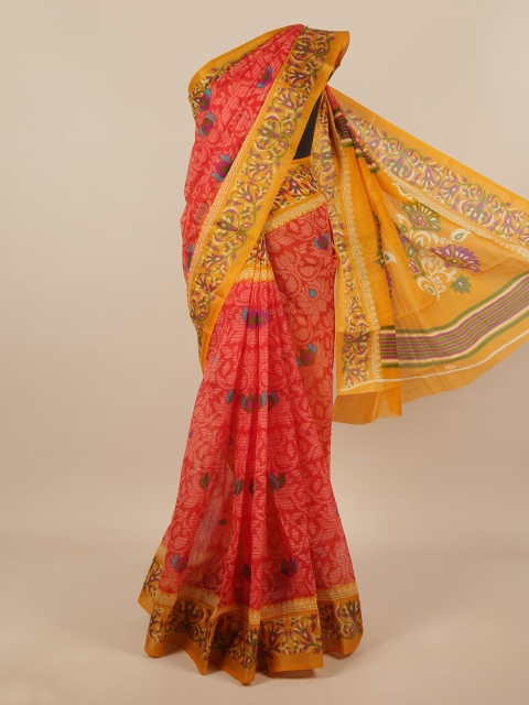 

Pothys Red & Mustard Floral Cotton Blend Saree