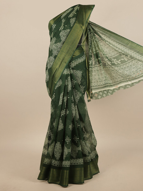 

Pothys Green & White Ethnic Motifs Zari Cotton Blend Saree