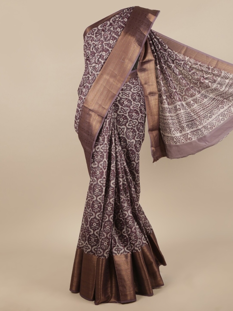 

Pothys Purple & Copper-Toned Ethnic Motifs Printed Zari Jute Silk Saree