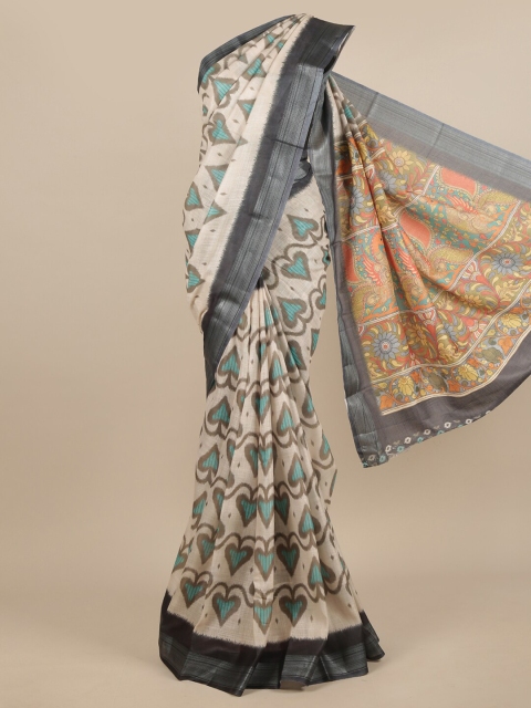 

Pothys Cream-Coloured & Green Floral Zari Jute Silk Saree