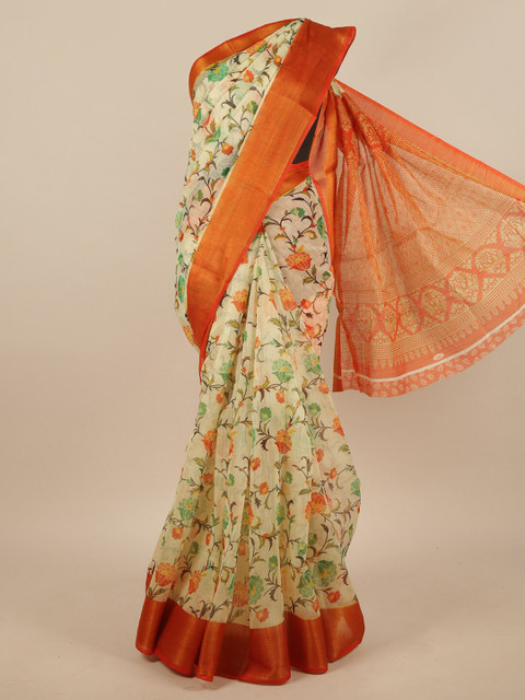 

Pothys Cream-Coloured & Green Floral Zari Saree