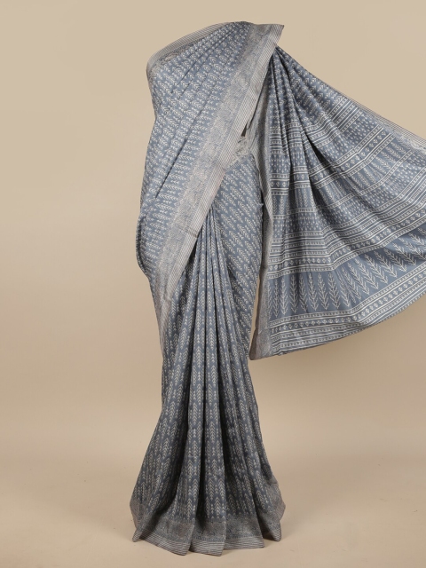 

Pothys Blue & Silver-Toned Floral Printed Saree
