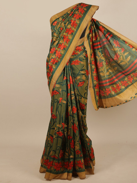 

Pothys Green & Red Floral Poly Chiffon Saree