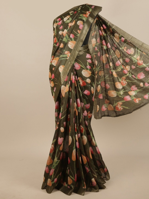

Pothys Green Floral Printed Jute Silk Saree