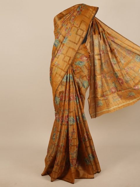 

Pothys Mustard & Green Floral Printed Jute Silk Saree