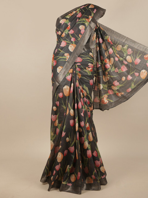 

Pothys Grey & Red Floral Printed Zari Jute Silk Saree