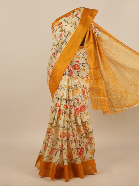 

Pothys Cream-Coloured & Orange Floral Cotton Blend Saree