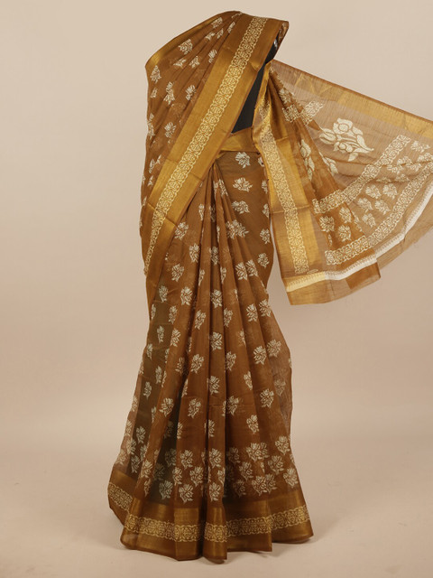 

Pothys Brown & Gold-Toned Floral Zari Cotton Blend Saree