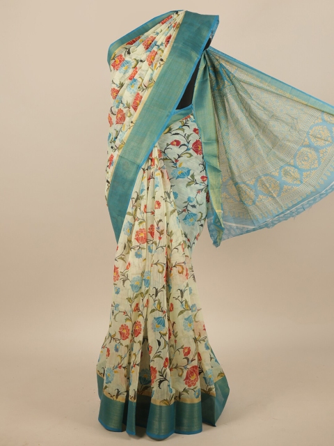 

Pothys Cream-Coloured & Teal Blue Floral Printed Zari Saree