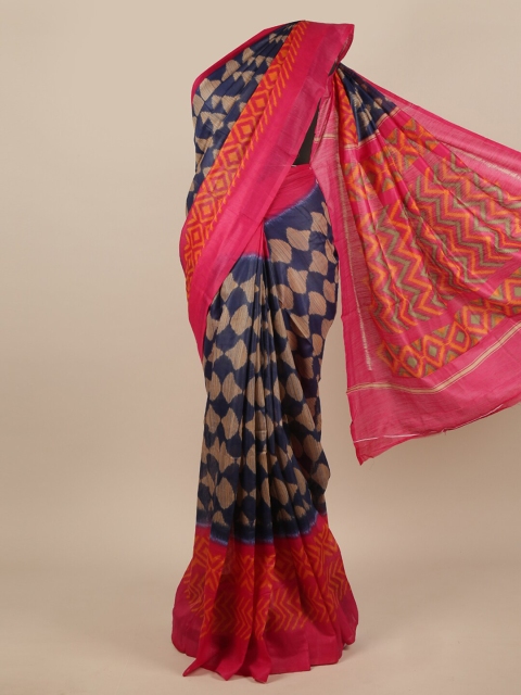 

Pothys Navy Blue & Orange Ethnic Motifs Jute Silk Saree