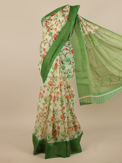 

Pothys Cream-Coloured & Green Floral Printed Zari Saree