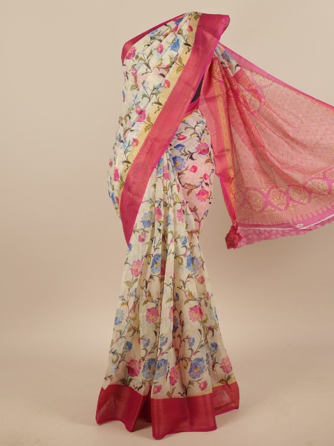 

Pothys Cream-Coloured & Pink Floral Zari Saree