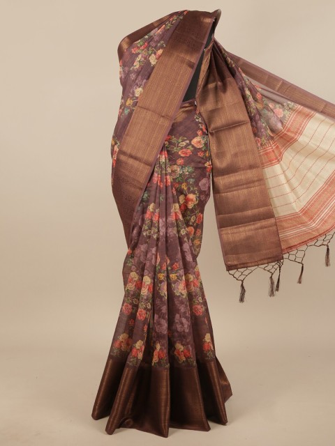 

Pothys Brown & Peach-Coloured Floral Zari Jute Silk Saree