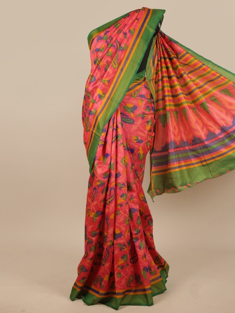 

Pothys Pink & Blue Floral Poly Chiffon Zari Saree