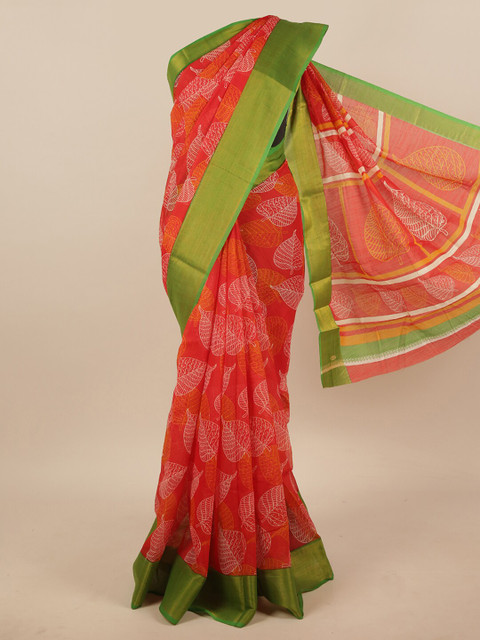 

Pothys Orange & Green Cotton Blend Floral Saree