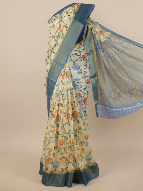 

Pothys Cream-Coloured & Blue Floral Zari Saree