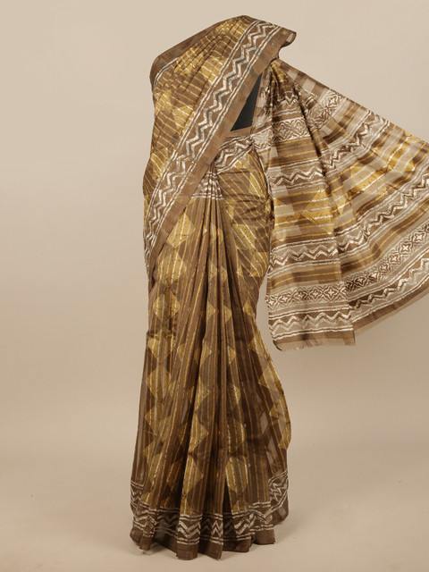 

Pothys Brown & Off White Printed Jute Silk Saree