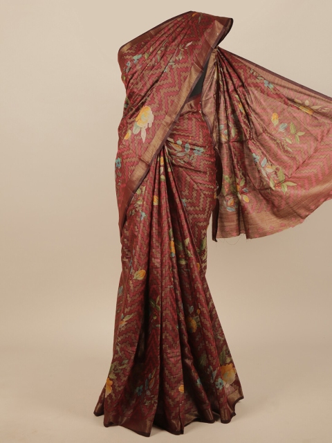 

Pothys Copper-Toned & Blue Floral Zari Jute Silk Saree