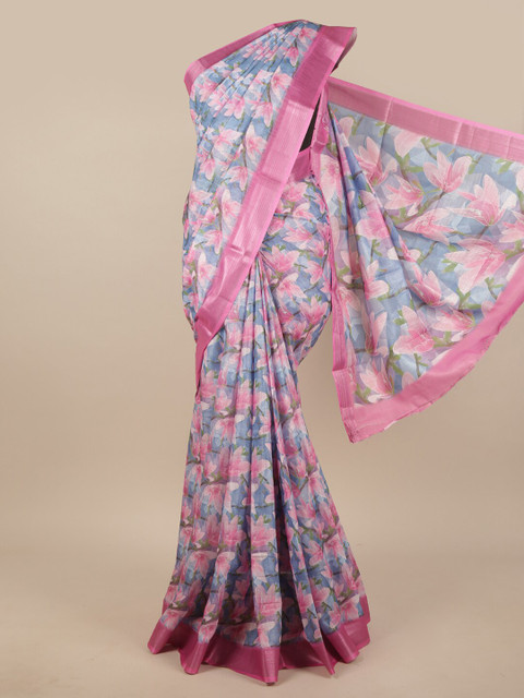 

Pothys Blue & Pink Floral Printed Zari Jute Silk Saree