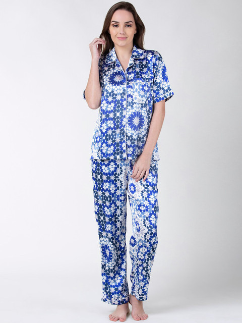 

ADORENITE Women Blue & White Floral Printed Night suit