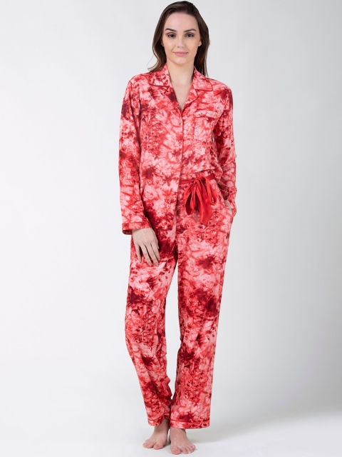 

ADORENITE Women Red & Maroon Tie & Dye Printed Night suit
