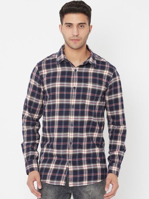

METTLE Men Navy Blue & Red Opaque Checked Casual Shirt