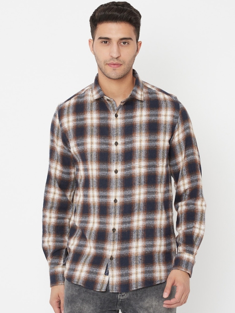 

METTLE Men Yellow & Navy Blue Tartan Checked Casual Shirt