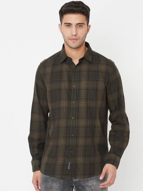 

METTLE Men Olive Green Tartan Checks Opaque Checked Casual Shirt