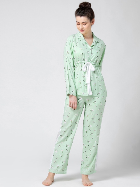 

ADORENITE Women Sea Green & White Printed Night suit