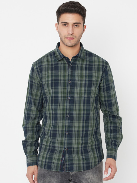 

METTLE Men Olive Green Tartan Checks Opaque Casual Shirt