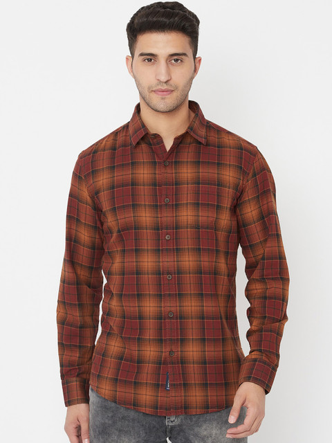 

METTLE Men Orange Tartan Checks Opaque Checked Casual Shirt