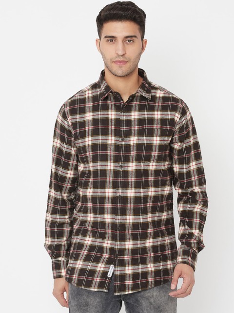 

METTLE Men Brown Tartan Checks Opaque Checked Casual Shirt