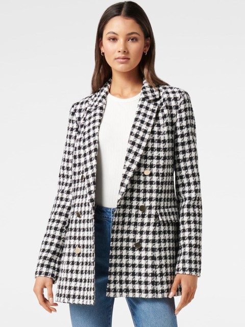 

Forever New Women Black & White Checked Double-Breasted Tailored-Fit Jacket Blazer